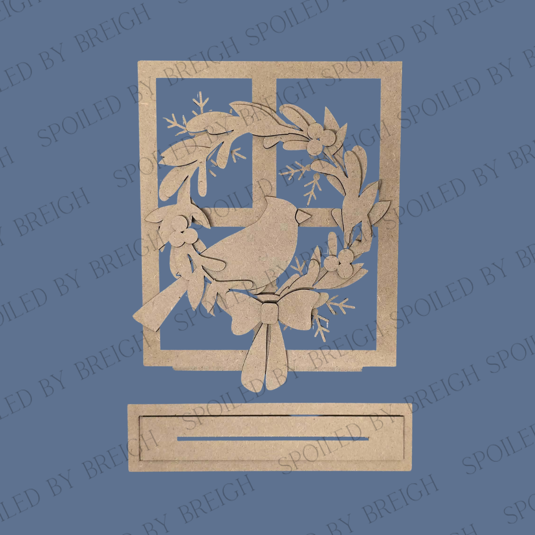 Window shelf sitter with Wreath and Cardinals
