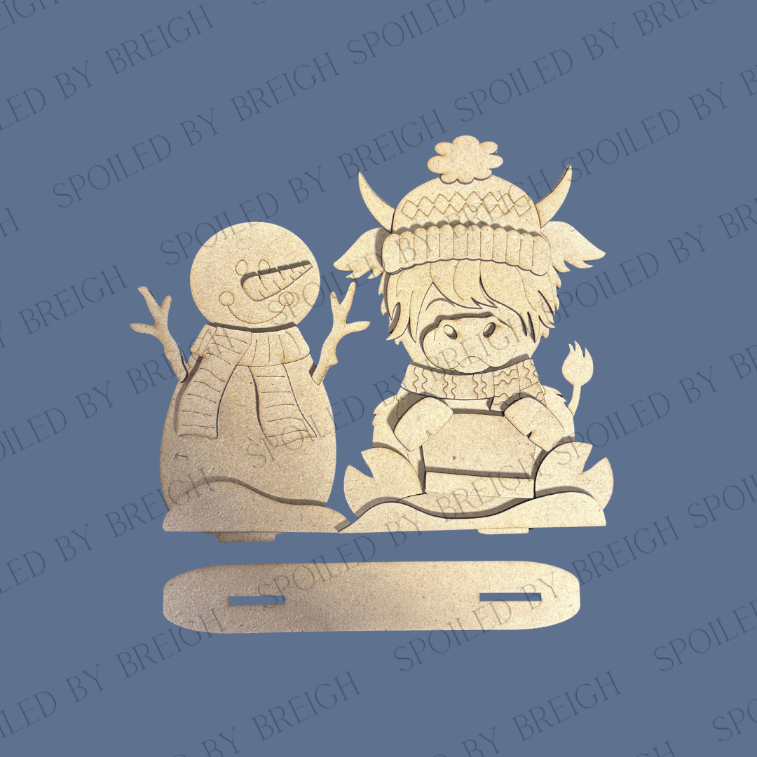 Snowman Highland Cow Winter Shelf Sitter